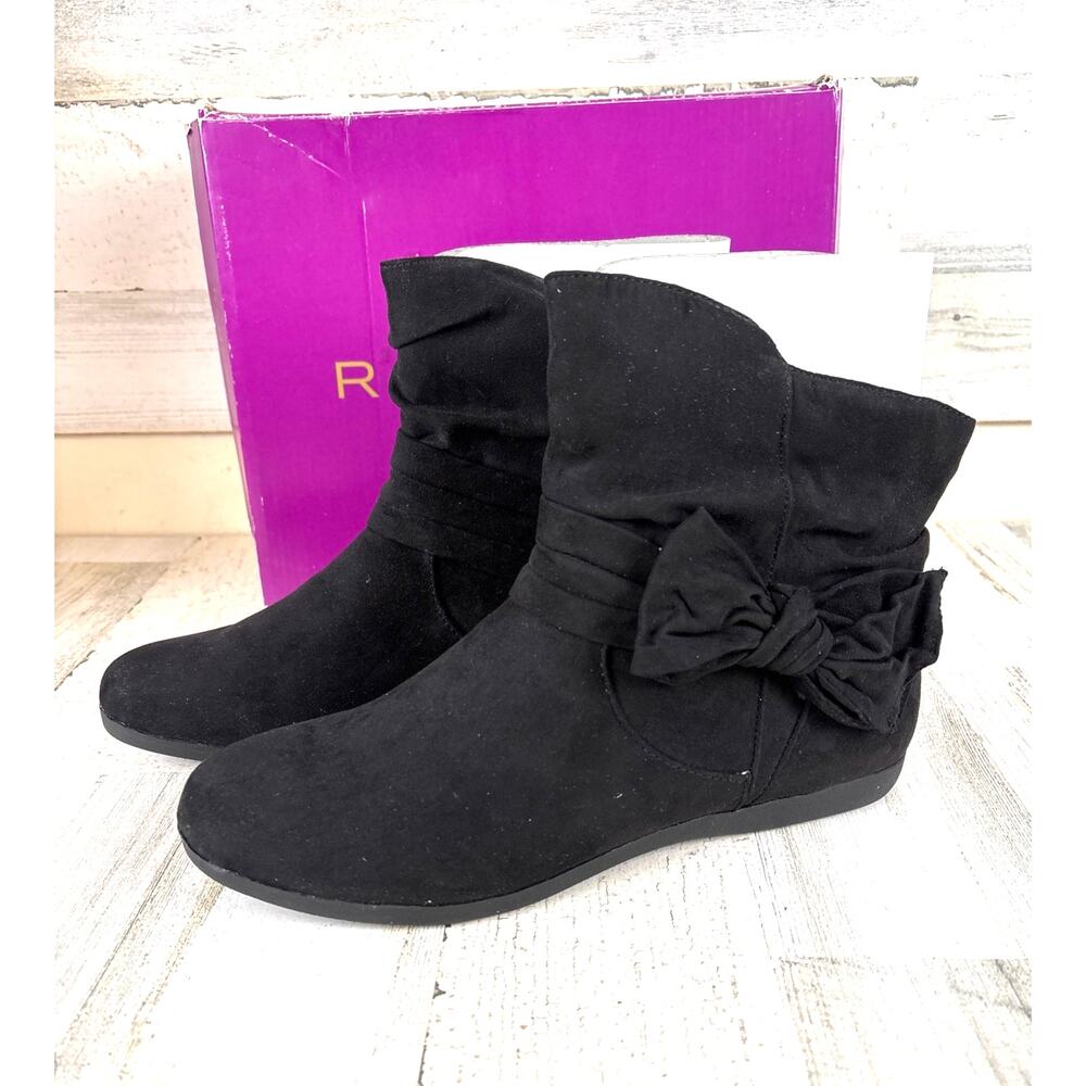 Rampage Womens 9 Black Ram-Basha Faux Suede Bow Booties Slip On NWT